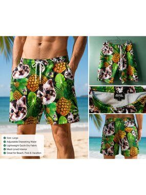 Black Matter Men’s Large Cat Print Swim Trunks Funny Tropical Board Shorts